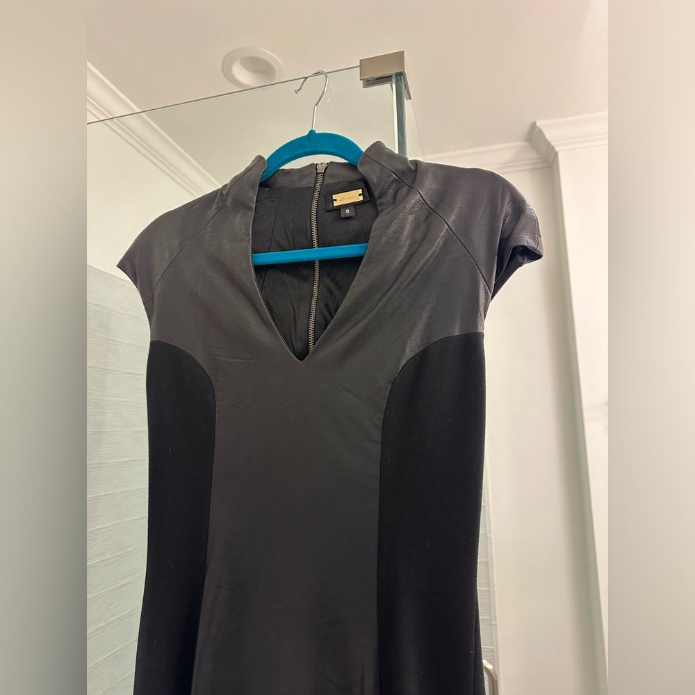 Alexa Admor leather pencil midi dress cap sleeve v neck